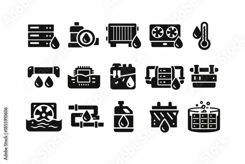 Black cooling system icons: water, temperature, radiator, fan, thermometer, flow
