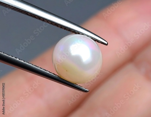 Close-up of a perfectly round, lustrous white gem held by metal tool against a muted gray backdrop, showcasing its delicate iridescence