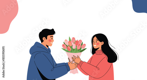 Smiling young man giving a beautiful bouquet of fresh tulip flowers to a happy woman on a romantic date or special occasion.