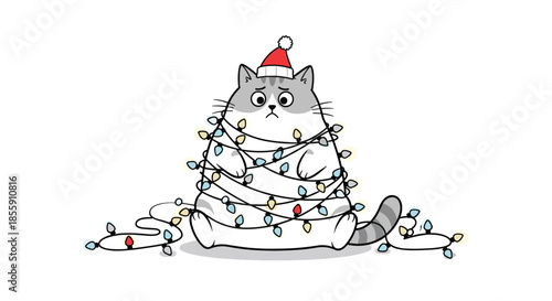 Funny christmas illustration of a cute sad cat wearing a santa hat and tangled up in a string of colorful holiday lights.