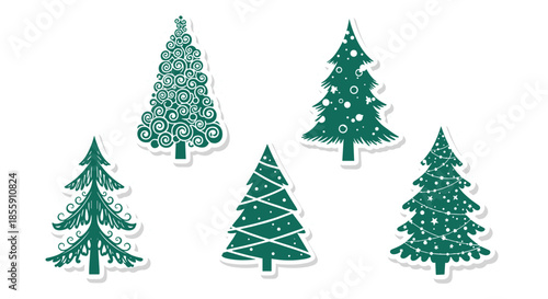Set of five decorative green christmas tree stickers with various artistic designs including swirls snow and festive garlands.