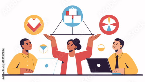 Flat illustration featuring professionals guiding business strategy with laptops and charts