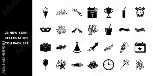New year celebration icon pack with various party elements and symbols