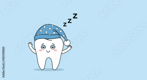 Cute sleepy cartoon tooth character wearing a starry nightcap with ZZZs above its head on a calm blue background illustration.
