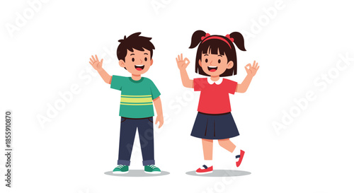 Happy cute cartoon boy and girl standing together waving hello and showing the OK gesture as a sign of friendship and positivity.