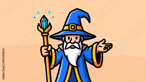 Cartoon Wizard with Staff and Pointing Hand Illustration.