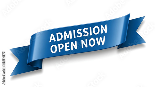 Blue ribbon banner with white text Admission Open Now background