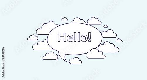 Minimalist line art illustration of a speech bubble with the word Hello surrounded by clouds on a calm light blue sky background.
