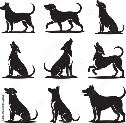 Nine stylized dog silhouettes in different poses isolated
