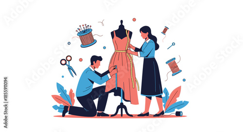 Two fashion designers or tailors a man and a woman working together to create a beautiful dress on a mannequin in their studio.