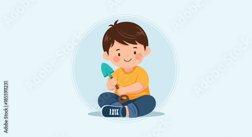 Cute cartoon illustration of a little boy sitting cross-legged and holding a small toy shovel with a happy and gentle smile.