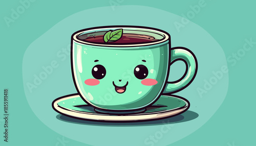 Adorable Kawaii Tea Cup Illustration with a Smiling Face and Mint Leaf.