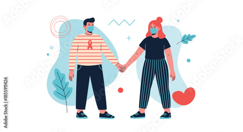 Young couple wearing protective face masks and holding hands with a red awareness ribbon on the man's shirt for health support.