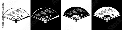 Elegant Cultural Oriental Fan Illustration Depicting Mountain Landscape and Horse Motif