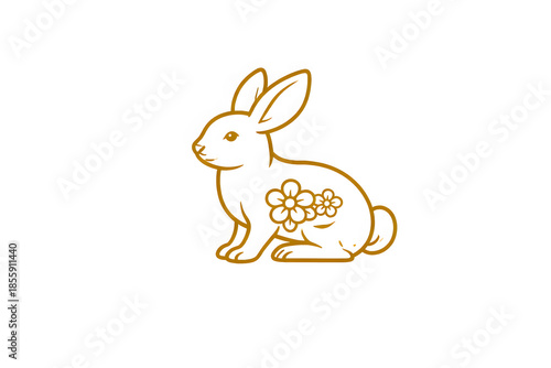 Floral dog Line Art Illustration Minimal Chinese Zodiac rabbit Symbol in Gold Outline