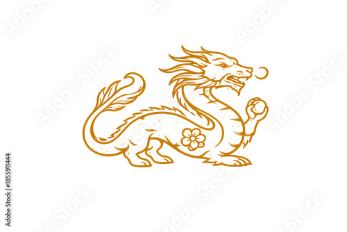 Floral dog Line Art Illustration Minimal Chinese Zodiac dragon Symbol in Gold Outline