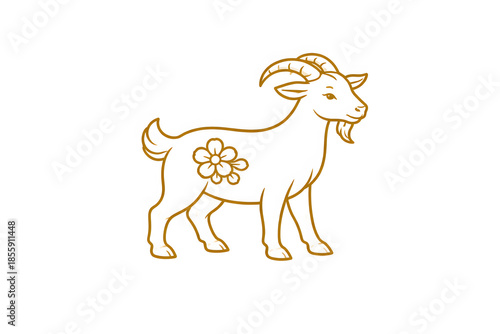 Floral dog Line Art Illustration Minimal Chinese Zodiac goat Symbol in Gold Outline