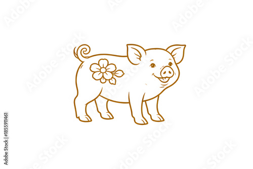 Floral [Animal Name] Line Art Illustration Minimal Chinese Zodiac pig Symbol in Gold Outline