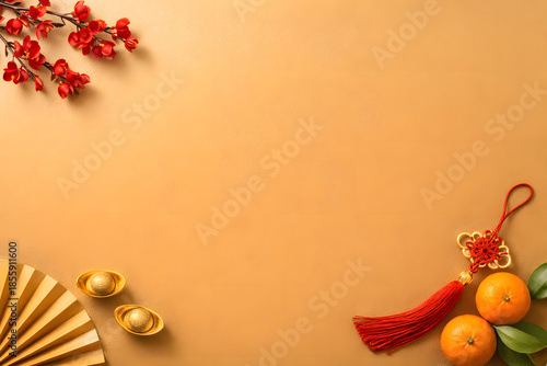 unar New Year Gold Background with Traditional Chinese Decorations and Copy Space