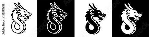 Stylized Eastern Dragon Head Graphic Icon with Serpentine Body on a Dark Background