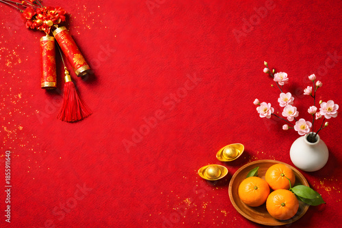 Chinese New Year Red Background with Gold Decorations and Copy Space