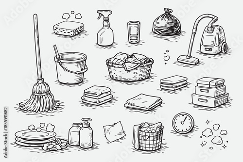 Hand Drawn Daily Chore Doodles Vector Set in Sketch Style
