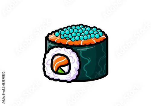 Cartoon Sushi Roll with Caviar and Salmon Slice Illustration.