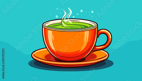 Illustration of a Cup of Green Tea with Steam on a Saucer.