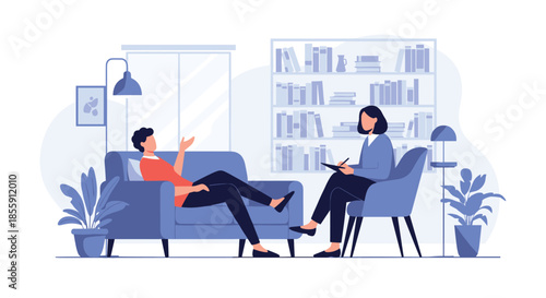 Man talking about his problems with a female psychologist during a therapy session in a comfortable and modern office setting.