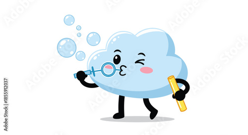 Playful and cute cartoon cloud character with a winking face blowing soap bubbles from a wand for a fun whimsical design.