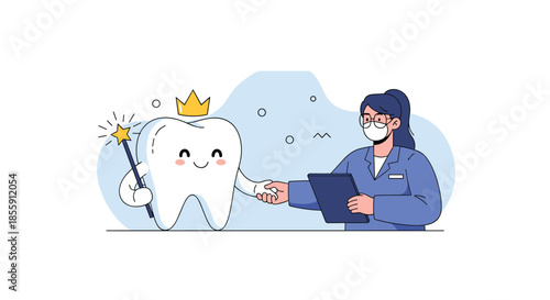 Female dentist character in a mask shaking hands with a happy tooth fairy mascot wearing a crown and holding a magic wand.