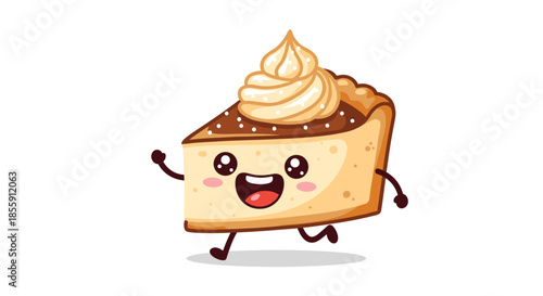 Happy kawaii slice of pie character with a cheerful face and whipped cream topping running and waving on a white background.