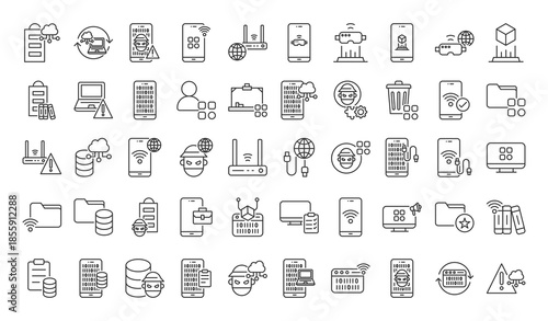 icon pack information and communication technology creative outline vector style for modern apps websites presentations ui ux design digital learning cloud computing cyber security mobile technology