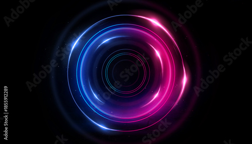 Neon circle with smoke effect. Abstract technology futuristic circles with glowing blue and pink light lines and speed motion blur on a dark blue background.