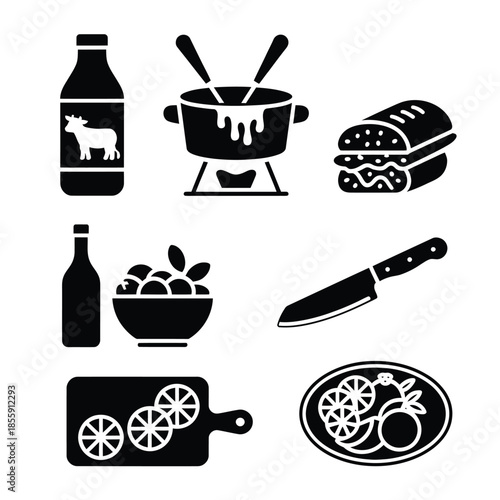 Black silhouette icons depicting various cooking ingredients and food items