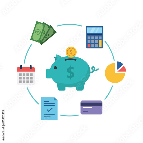 Personal Finance and Money Management Concept with Piggy Bank and Financial Icons. Savings Strategy and Budget Planning Illustration. Business Investment and Accounting Vector.