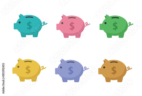 Colorful Piggy Bank Collection with Dollar Symbol for Diverse Savings Options. Multi Colored Piggybank Set for Financial Planning and Investment. Money Saving Vector.