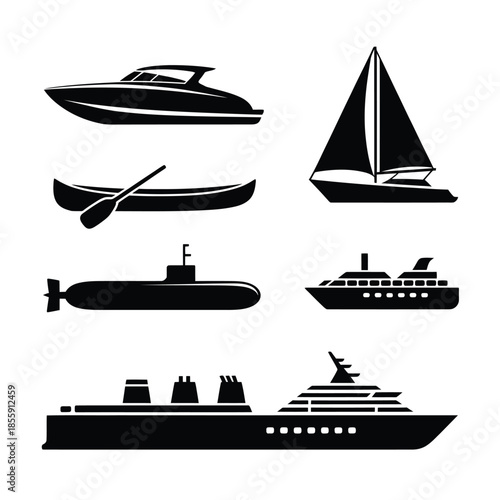 Collection of various water vessels boats ships and a submarine shown