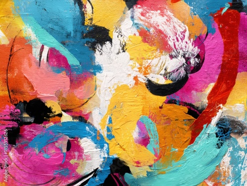 Abstract painting with vibrant and bold colors, featuring swirling brushstrokes and dynamic forms in hues of blue, yellow, pink, orange, and black, creating energetic visual texture