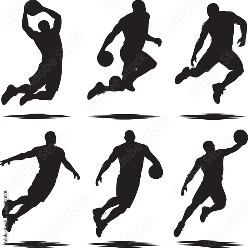 Dynamic basketball player silhouettes in various action poses