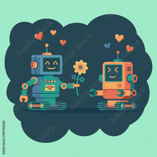 Cute robot couple in love. Blue android giving a mechanical gear flower to a friend with pixel hearts floating. Vector flat design illustration for boy-friendly Valentine's Day cards and nursery decor