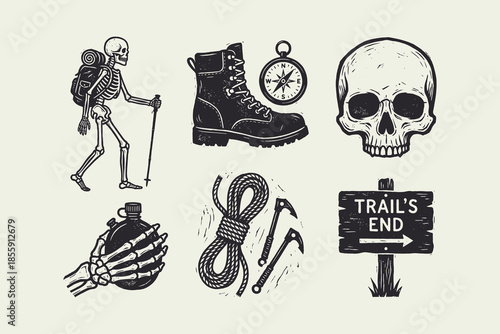 Macabre Outdoor Adventure Engraving Set: Skeleton Hiker, Skull, Boots, and Trail Sign.