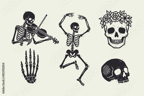 Vintage Skeleton Illustrations Set: Dancing, Playing Violin, and Floral Skulls