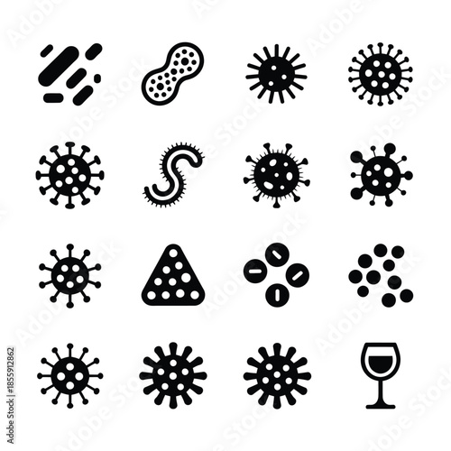 Various virus and bacteria icons depicted in a simple black and white style