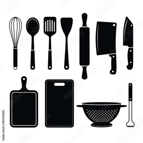 Black silhouette icons of various cooking utensils and cutting boards