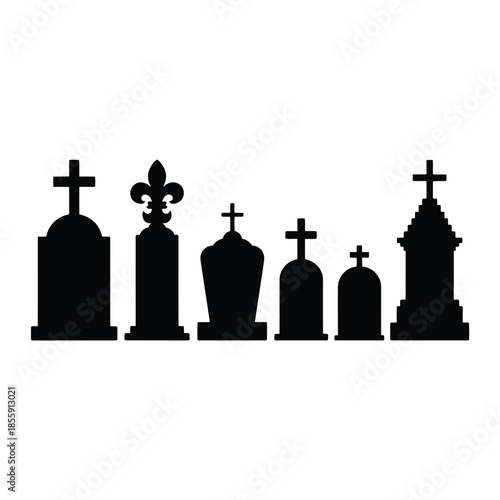 Silhouette of various tombstones and grave markers in a cemetery scene