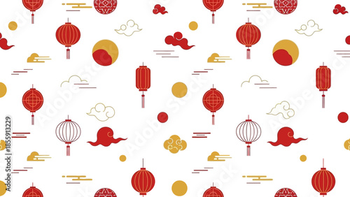 Festive Asian celebration seamless pattern featuring traditional red and gold lanterns and auspicious clouds
