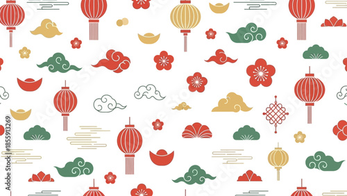 Auspicious East Asian Cultural Symbols Seamless Pattern for Festive Backgrounds and Celebrations