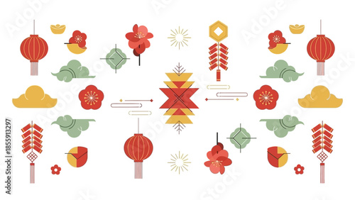 Vibrant Asian Festival Symbols and Traditional Decorative Elements Flat Lay Illustration
