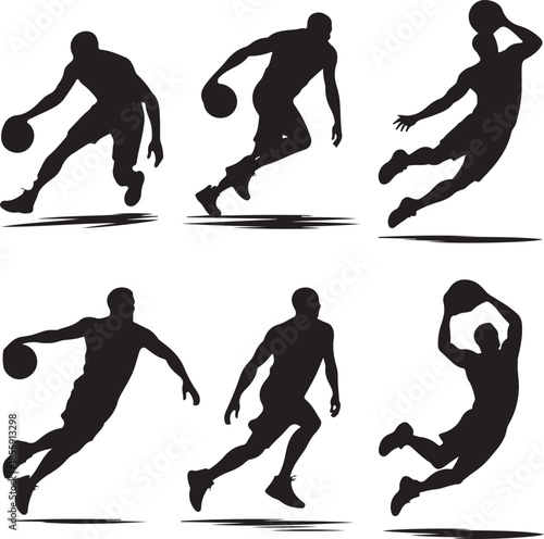 Dynamic basketball player silhouettes in various action poses